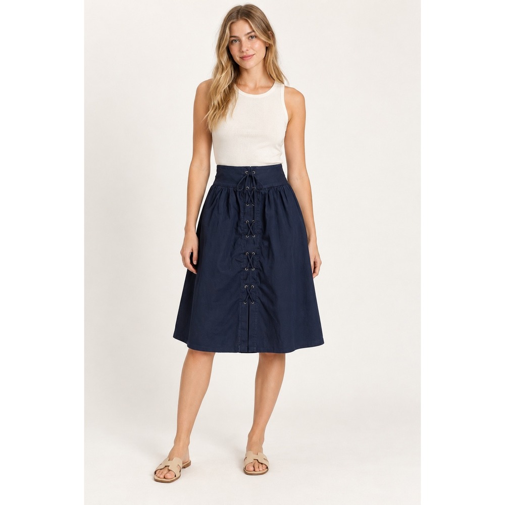 Zara Basic Navy Blue Lace Up Corset Midi Skirt Minimalist Dark Academia S